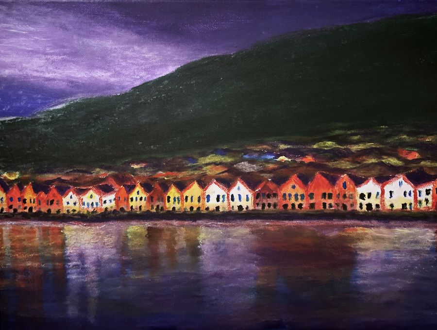 Painting of the Bryggen wharf houses glowing at night with reflections in the water