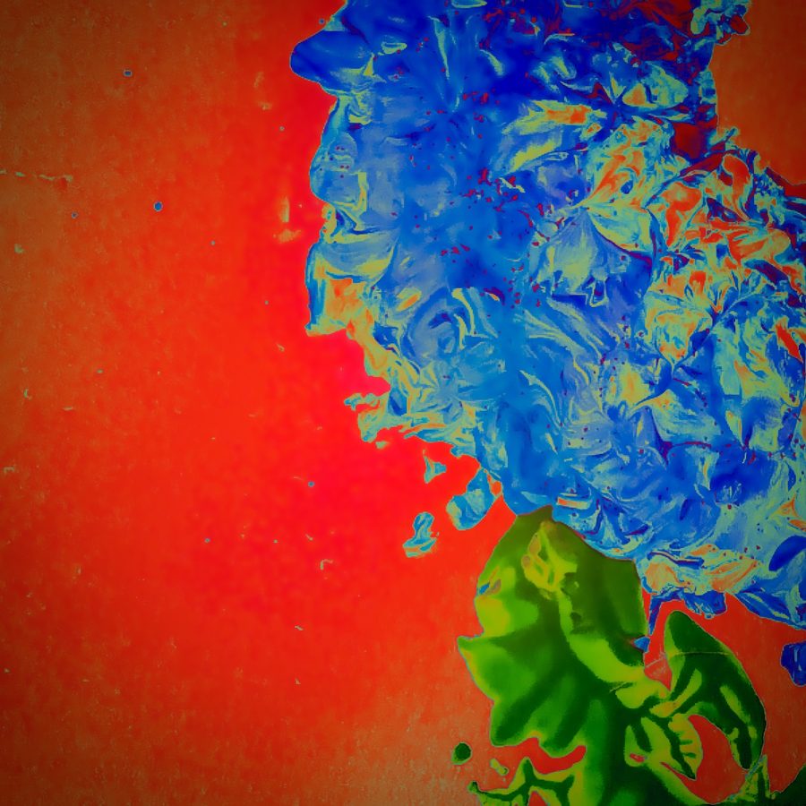 Abstract: red ground with a blue and green mass of paint
